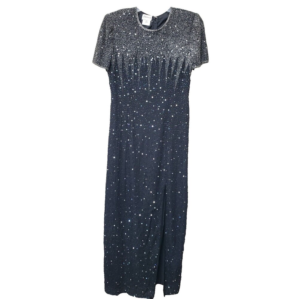 Stenay Vintage Silk Beaded Sequined Long Formal Dress Shoulder Pads Size 14